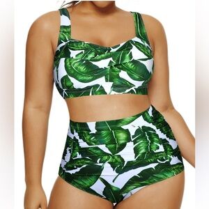 Green and white Leaf Print, High-Waisted, retro pin-up style Bikini